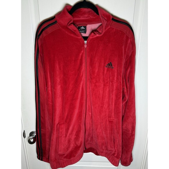Adidas Red Velour Track Jacket Black Stripe Monogram Size L - Picture 1 of 6